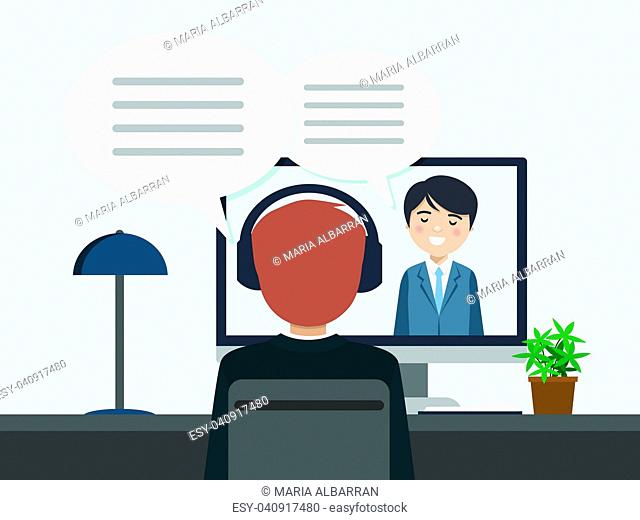 Two people talking by videoconference. Vector illustration