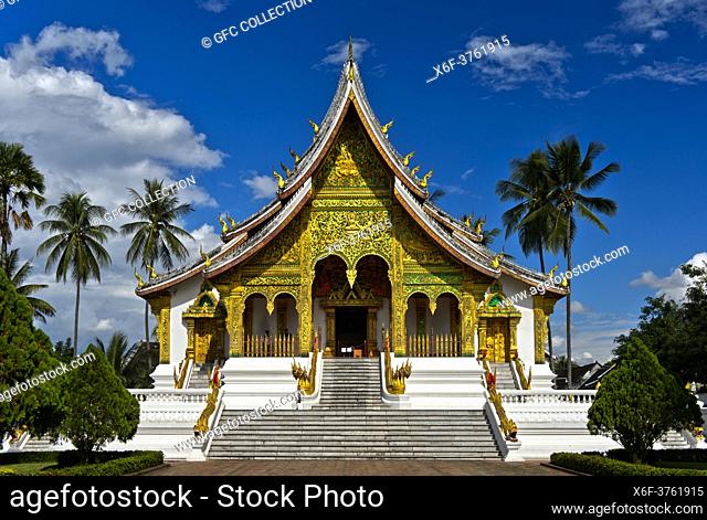 Intricately adorned facade of the Haw Pha Bang temple on the ground of the former Royal Palace, Luang Prabang, Laos