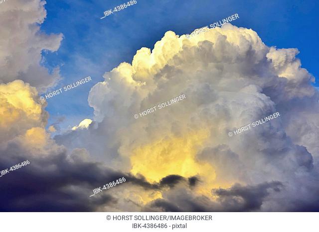 Storm clouds, towering vertical clouds, cumulonimbus, evening light, Bavaria, Germany
