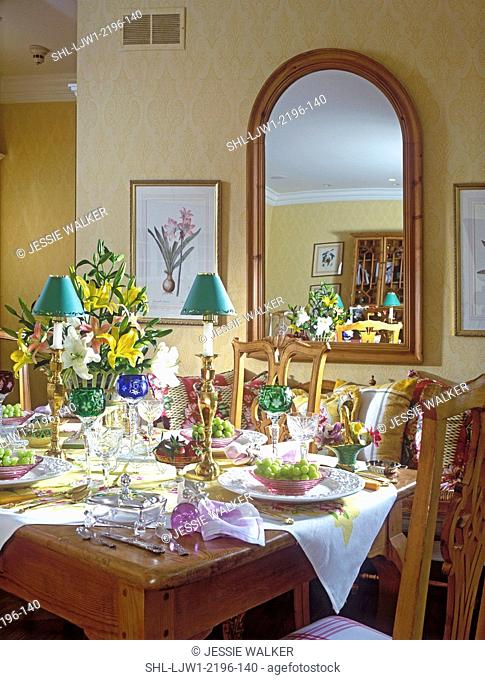DINING ROOMS: Wooden table, chair, mirror with oval top, candles with green shades, table set, formal glassware, vintage tablecloth, grapes, Spring feeling