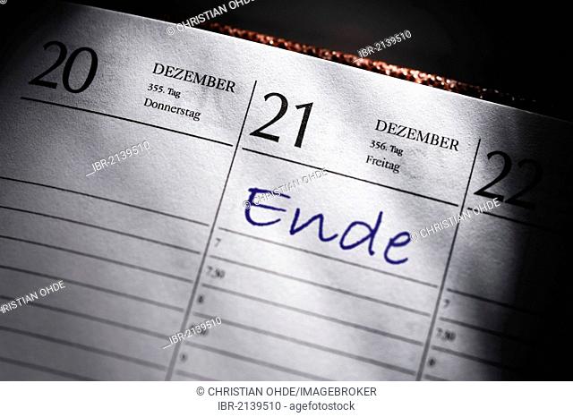 The date 21.12.2012 in a calender, marked Ende, German for End, symbolic image for the doomsday prophecy of 2012