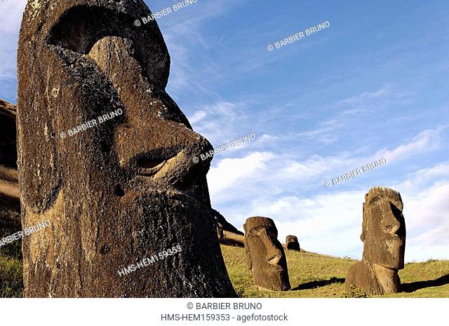 Chile, Easter Island, Rano Raraku, a volcanic crater formed of consolidated ash or Tuf and a quarry from which nearly the entire island's known Moai sculpture...