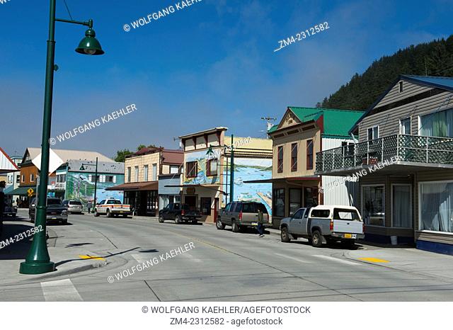 Main street of Wrangell city on Wrangell Island, Tongass National Forest, Southeast Alaska, USA