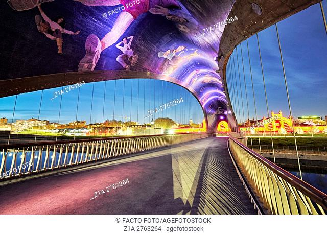 Matadero bridge with urban motifs mosaics by Daniel Canogar. Madrid Rio. Madrid, Spain