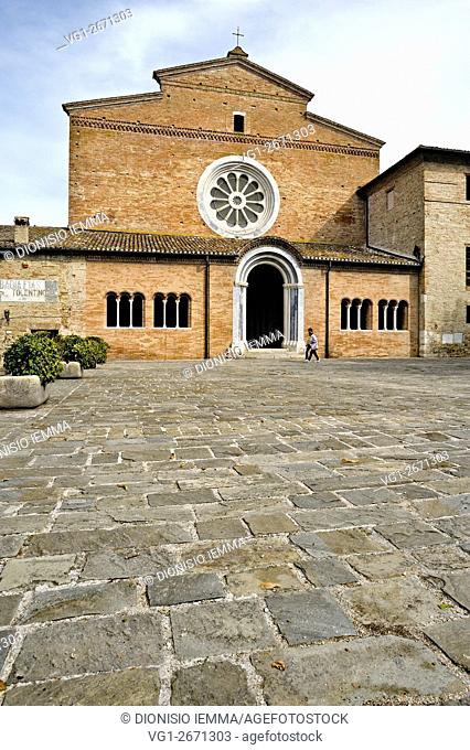 Fiastra Abbey Nature Reserve, the Abbey of Chiaravalle di Fiastra. Front view of the Church of St Mary, Tolentino, Marche, Italy, Europe