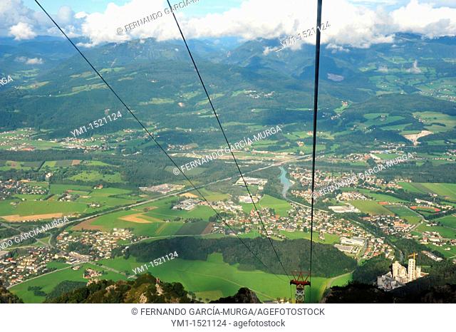 Panoramic outlook from the funicular (it reaches the peak up to 1853 metres high) of Untersber mountain viewpoint located in Grödig