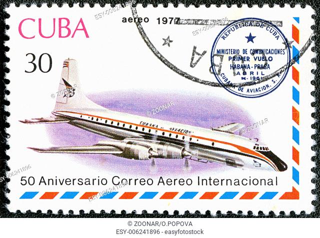 CUBA - 1977: shows vintage airplane and Havana-Prague cachet, series International Airmail Service, 50th Anniversary