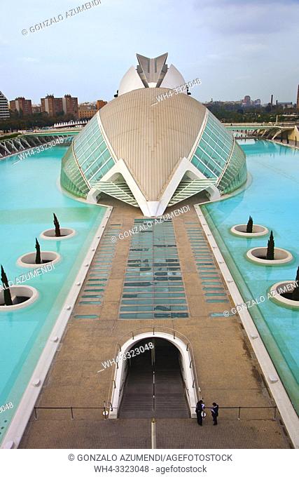 In the foreground Hemisferic. In the background Queen Sofia Arts Palace. . City of Arts and Sciences . Architect Santiago Calatrava. Valencia