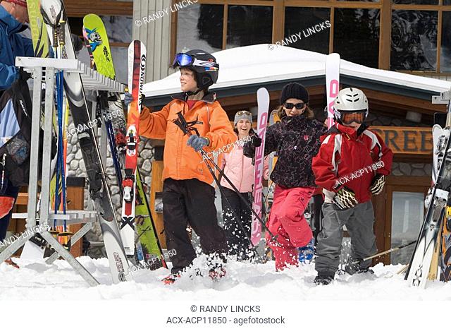 Young skiers ready for the slopes, Whistler Mountain, British Columbia, Canada