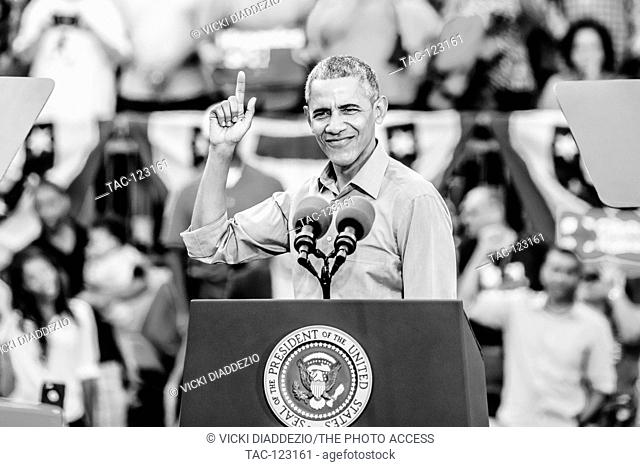 President Barack Obama campaigns for Hillary Clinton on Sunday November 6, 2016 at Heritage Park in Kissimmee, Florida. (Digitally altered black and white)