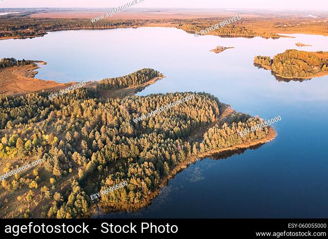 Braslaw District, Vitebsk Voblast, Belarus. Aerial View Of Ikazn Lake, Green Forest Landscape. Top View Of Beautiful European Nature From High Attitude