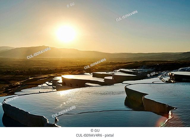 Sunset at hot spring terraces, Pamukkale, Anatolia, Turkey