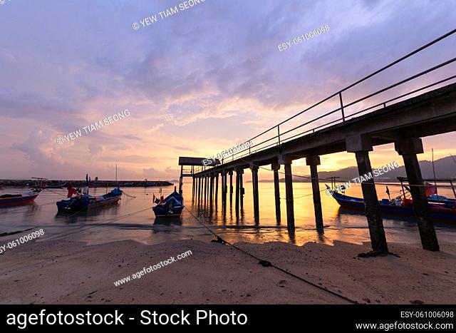 Georgetown, Penang, Malaysia - Mar 26 2017: Wide angle view fisherman jetty during sunest