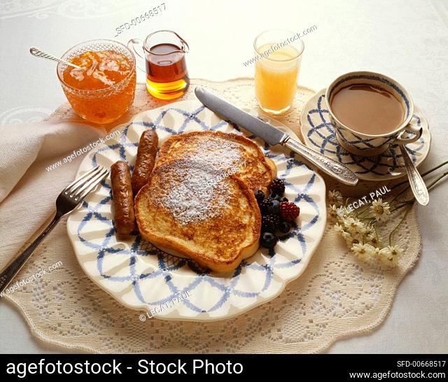 French Toast and Sausage Breakfast with Coffee, Juice, Syrup and Marmalade
