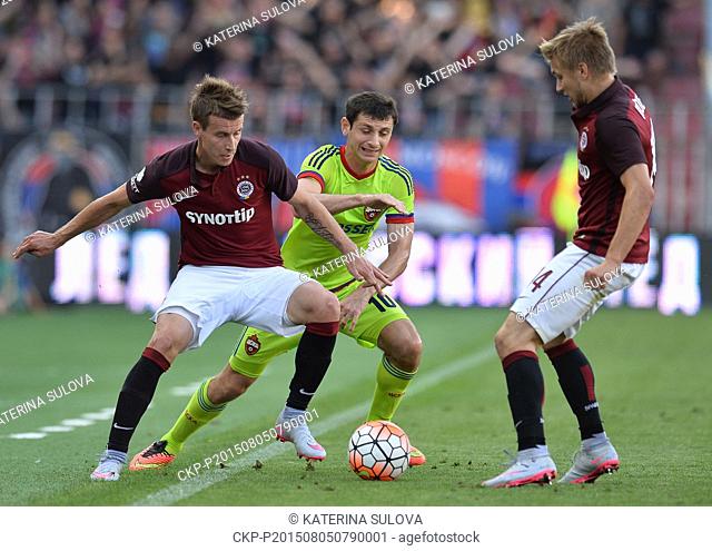 Lukas Marecek, of Sparta, left to right, Alan Dzagoev of CSKA Moscow and Martin Frydek of Sparta in action during the third qualifying round of the Champions...