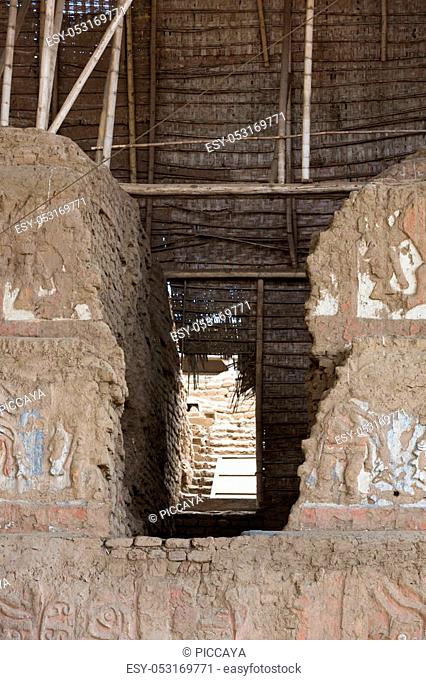 Archaeological site Huaca del Sol y de la Luna (Temple of the Sun and the Moon) in Trujillo, Peru. Site was built in Moche period