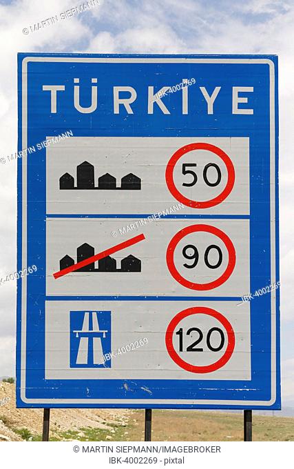 Speed limit sign at the Turkish border, Dogubeyazit, Eastern Anatolia Region, Anatolia Province, Turkey