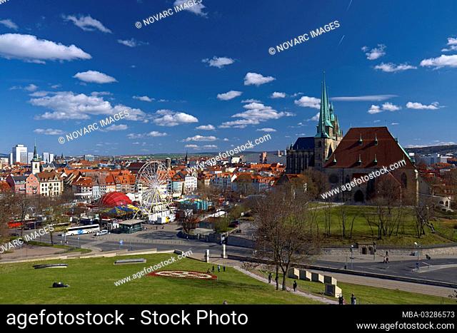 View over Erfurt with Cathedral Square, Spring Festival, Cathedral and Severikirche, Thuringia, Germany