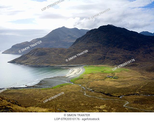Scotland, Highland, Camansunary. View of the remote bay Camansunary on the Isle of Skye with the Black Cuillin ridge beyond