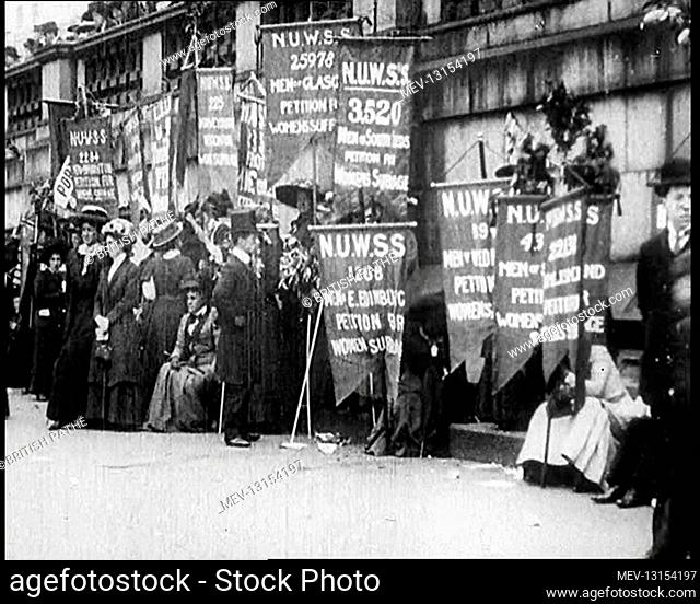 Crowd Of Suffragettes Carrying National Union Of Women's Suffrage Societies Banners - United Kingdom