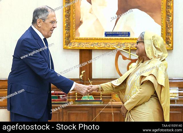 BANGLADESH, DHAKA - SEPTEMBER 8, 2023: Russia's Minister of Foreign Affairs Sergei Lavrov (L) and Bangladesh's Prime Minister Sheikh Hasina shake hands during a...