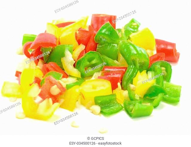 A pile of finely chopped chilli peppers on a white background