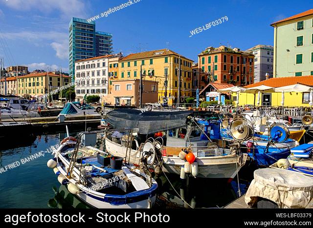 Italy, Liguria, Savona, Boats moored in Riviera di Ponente