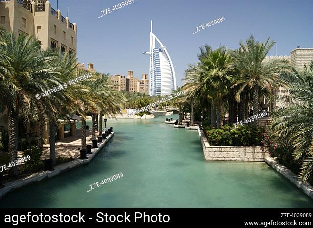 Burj Al Arab, Jumeirah Beach Road. View from Madinat Jumeirah Souk Dubai. United Arab Emirates. Middle East