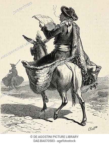 A mule driver reading a political newspaper, streets of Madrid during the revolution, Spain, engraving from L'Illustration, Journal Universel, No 1339