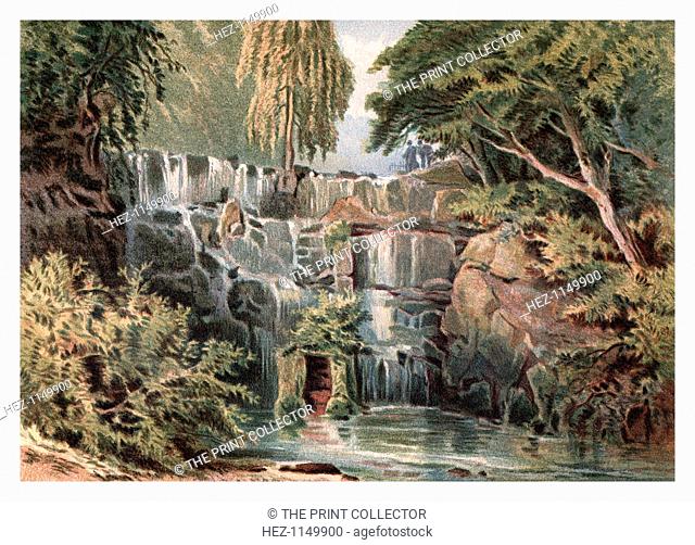 'Cascade at Virginia Water', 1880. A watercolour sketch from Windsor Castle and the Water-Way Thither by W H Davenport Adams, published by Marcus Ward and Co