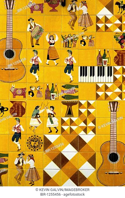Tile facade, motifs from dance and music, Barrio Alto, Lisbon, Portugal, Europe