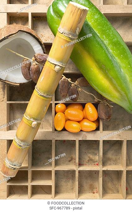 Exotic fruit, coconut and sugar cane in type case