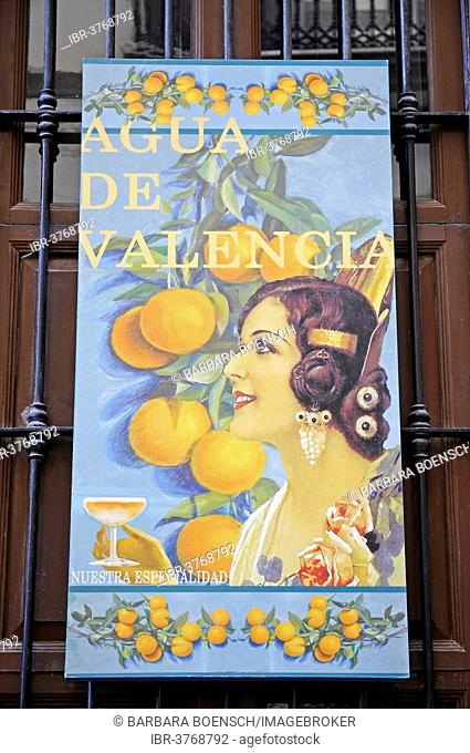 Agua de Valencia, advertising poster for a typical cocktail, Valencia, Valencian Community, Spain