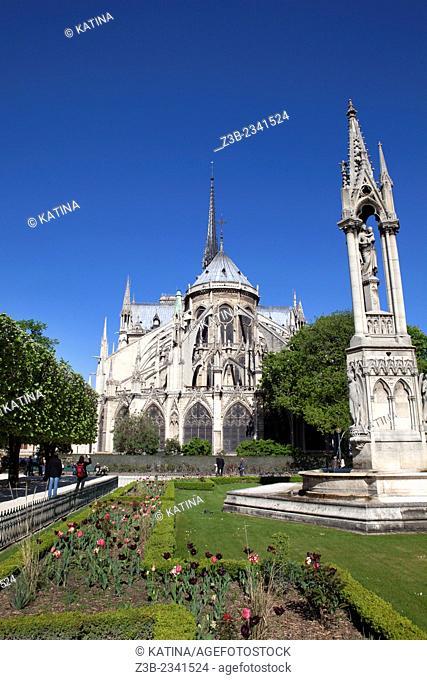 Springtime view of Notre Dame Cathedral and Notre Dame Park, Ile de la Cite, Paris, France, Europe
