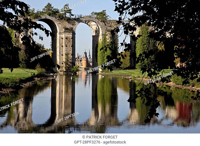 THE AQUEDUCT AND CHATEAU OF MAINTENON, REFLECTION IN THE EURE RIVER, EURE-ET-LOIR 28, FRANCE