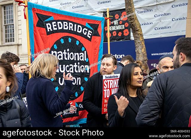 London, UK - 1 Feb, 2023. Protesters in Whitehall after marching from BBC in Protect The Right To Strike and Pay Up march