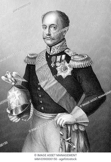 Nicholas I 1796-1855 Tsar of Russia from 1825: In military uniform, holding helmet topped with imperial double-headed eagle  Engraving c1860