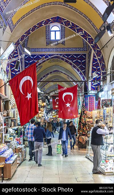 Turkish flags in the market hall, Kapali Çarsi, Grand Bazaar, Fatih, Istanbul, Turkey, Asia