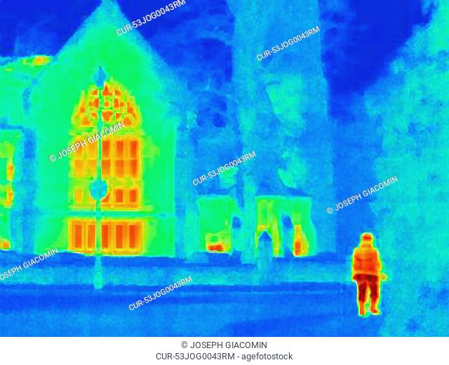 Thermal image of man and cathedral