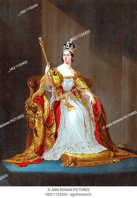 Queen Victoria (1819-1901). Victoria on the throne in her coronation robes wearing the crown and holding the sceptre. She became Queen in 1837 and Empress of...