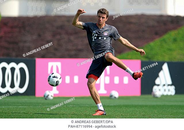 Bayern Munich's Thomas Mueller in action during a training session in Doha, Qatar, 10 January 2017. FC Bayern Munich are in Doha until 11 January 2017 to...
