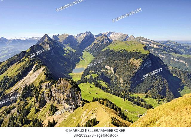 View over the Appenzell Alps, with Lake Saemtiser in the middle, Canton of Appenzell Innerrhoden, Switzerland, Europe