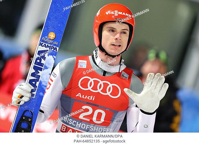 Andreas Wank of Germany reacts afters his jump in final at the fourth stage of the Four Hills ski jumping tournament in Bischofshofen, Austria, 06 January 2016