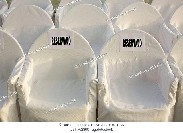 chairs for ghests on a Countryhouse during a wedding, Betera, Valencia, Comunidad Valenciana, Spain, Eerope