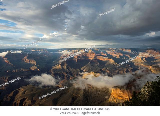 View of the Grand Canyon from the Yavapai Point area on the South Rim with clearing clouds after a thunderstorm in the Grand Canyon National Park in northern...