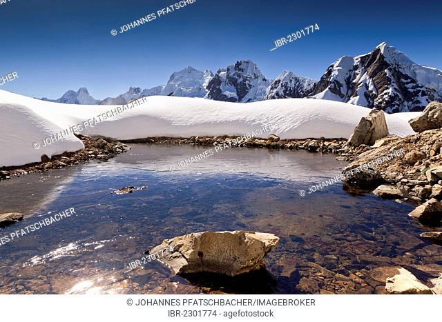 Ice-covered lake with peaks, Cordillera Huayhuash mountain range, Andes, Peru, South America