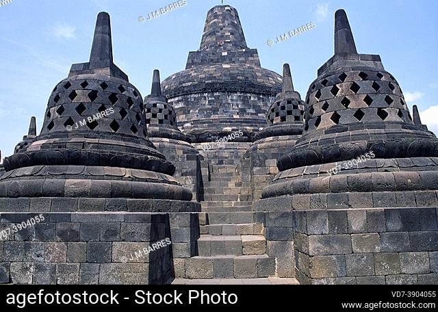 Borobudur or Barabudur is a Mahayana Buddhist temple from 7th century. Magelang, Java, Indonesia