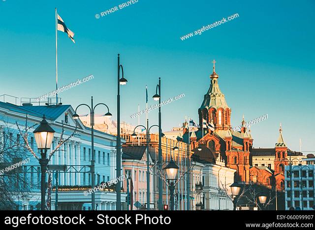Helsinki, Finland. Uspenski Cathedral At Morning. Red Church Is Popular Tourist Destination In Finnish Capital. Eastern Orthodox Cathedral Dedicated To...