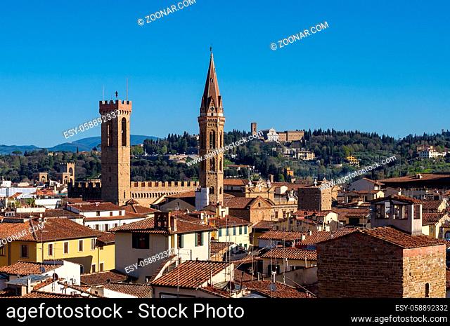 Museum Palazzo del Bargello and church Badia Fiorentina. Aerial view from Giotto's Campanile. Florence, Tuscany, Italy