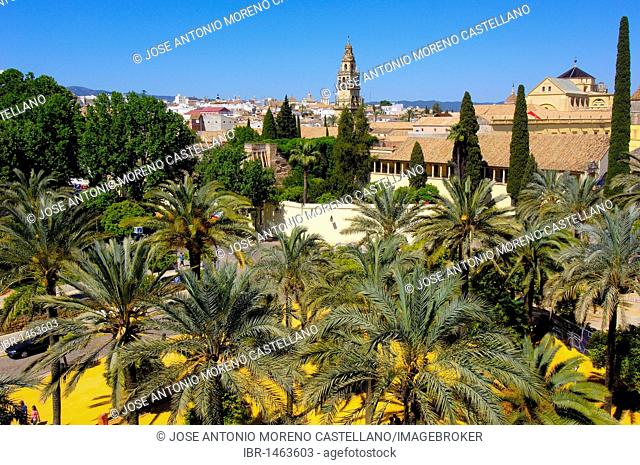 Alcázar de los Reyes Cristianos, Alcazar of Catholic Kings and minaret tower of the Great Mosque, Cordoba, Andalusia, Spain, Europe